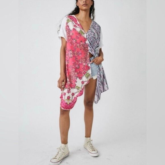 Free People Knot Me Floral Geometric Scarf Mix Media Tie-Front Blouse Top L - Picture 4 of 12